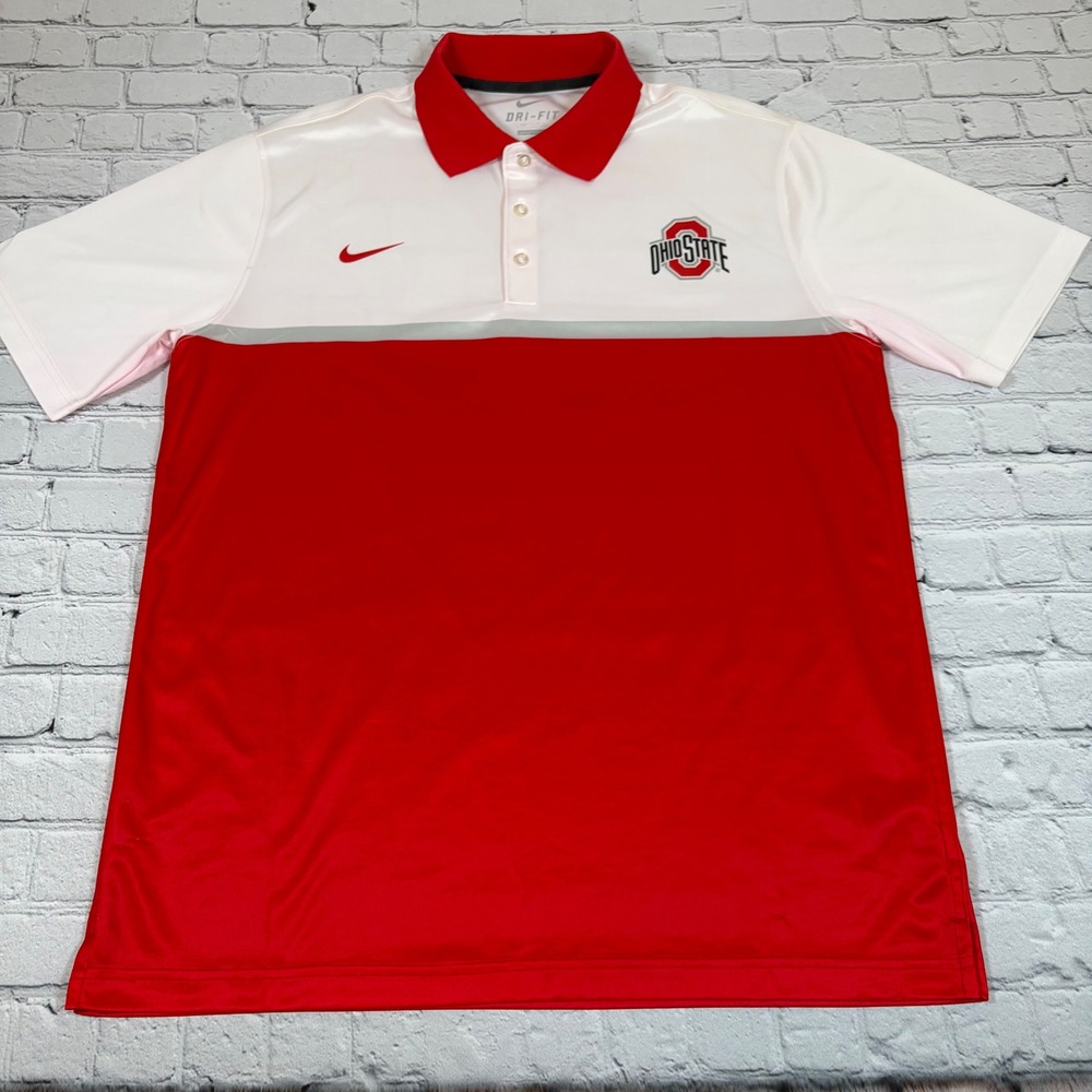 Nike Ohio State Buckeyes Dri-FIT Polo Shirt Mens L Red White Colorblock Logo